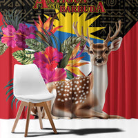 Tropical window curtain panel close-up, red with deer and bold pink tropical flowers