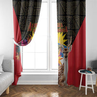 Tropical window curtain panels over window, red with black/yellow print, deer and flower details