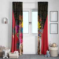 Tropical curtain set with red fabric, black/yellow geometric sections, deer and tropical bouquet art