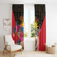 Tropical window curtain panels, red background with black/yellow pattern, deer and pink-green flowers