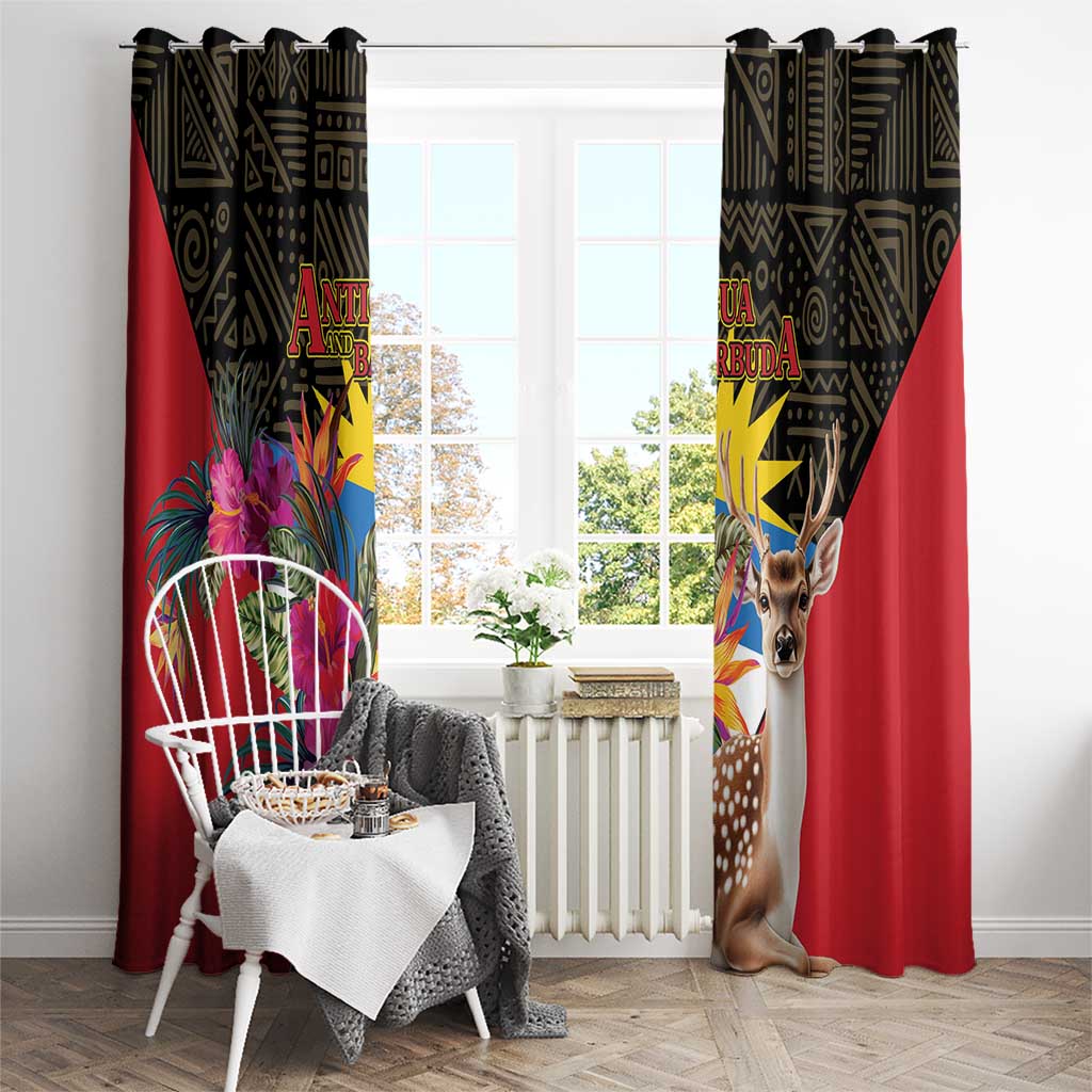 Tropical curtain panels on rod, red with black/yellow print, deer portrait and tropical blooms
