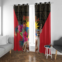 Tropical window curtain set, red with black/yellow geometric elements, deer face and colorful flowers