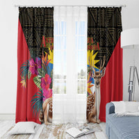 Tropical window curtain panels, red base with black/yellow accents, deer and floral bouquet artwork