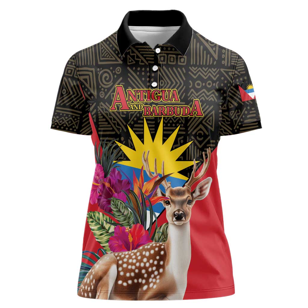 Personalized Antigua and Barbuda Women Polo Shirt Fallow Deer Tropical Bouquet - Wonder Print Shop