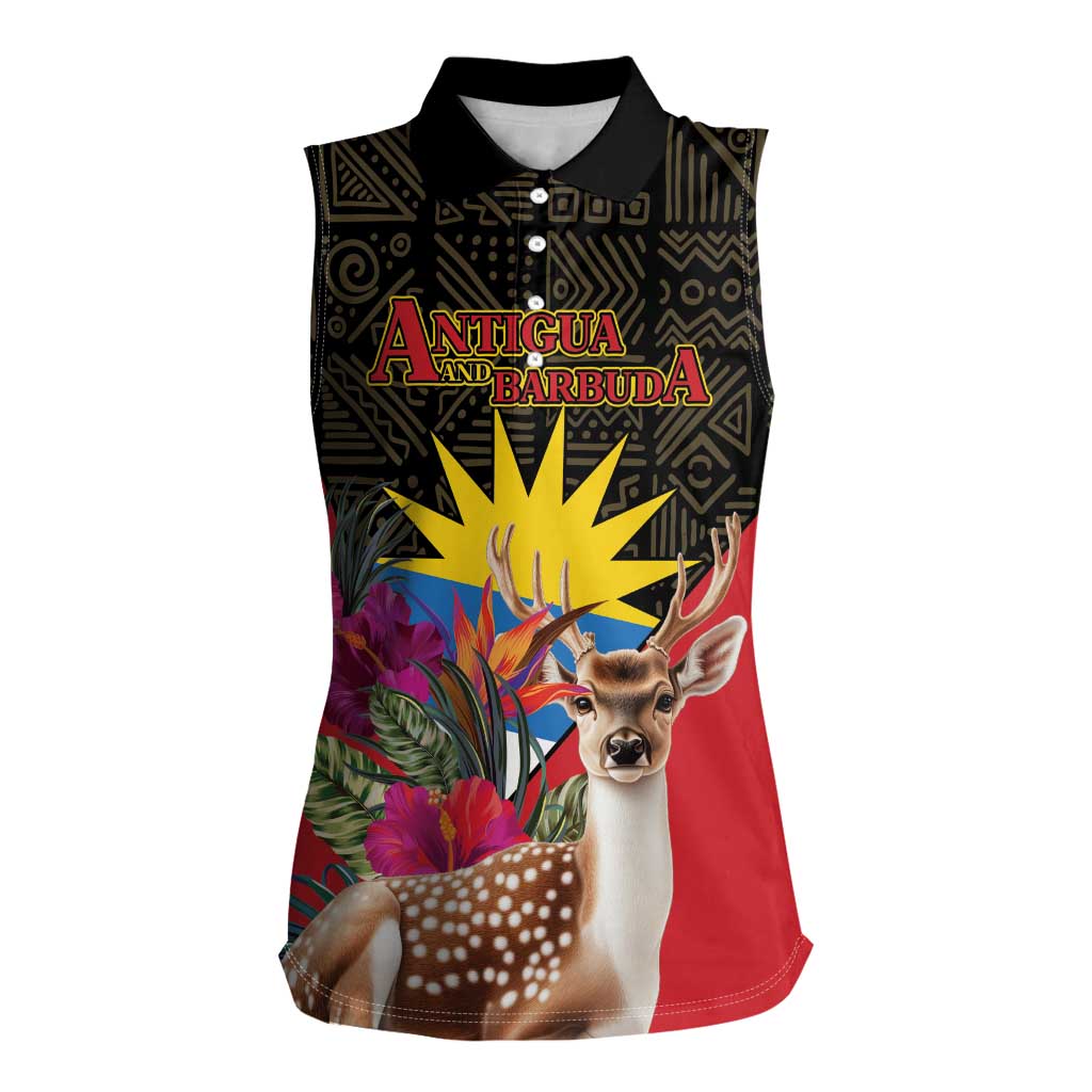 Personalized Antigua and Barbuda Women Sleeveless Polo Shirt Fallow Deer Tropical Bouquet - Wonder Print Shop