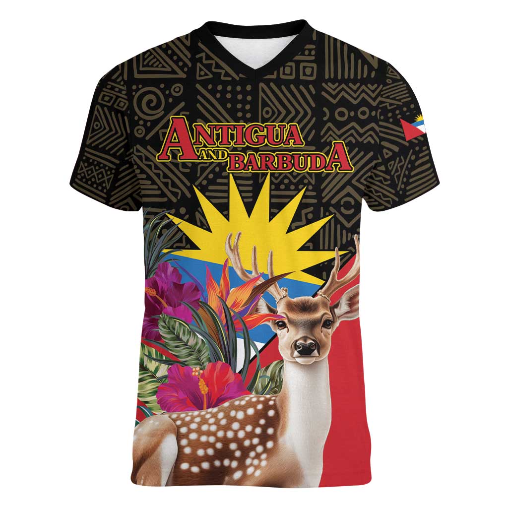 Personalized Antigua and Barbuda Women V-Neck T-Shirt Fallow Deer Tropical Bouquet - Wonder Print Shop