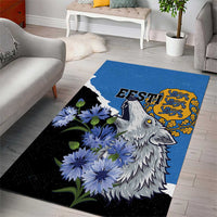 Blue area rug featuring grey wolf head, blue flowers, yellow crest, and Eesti lettering