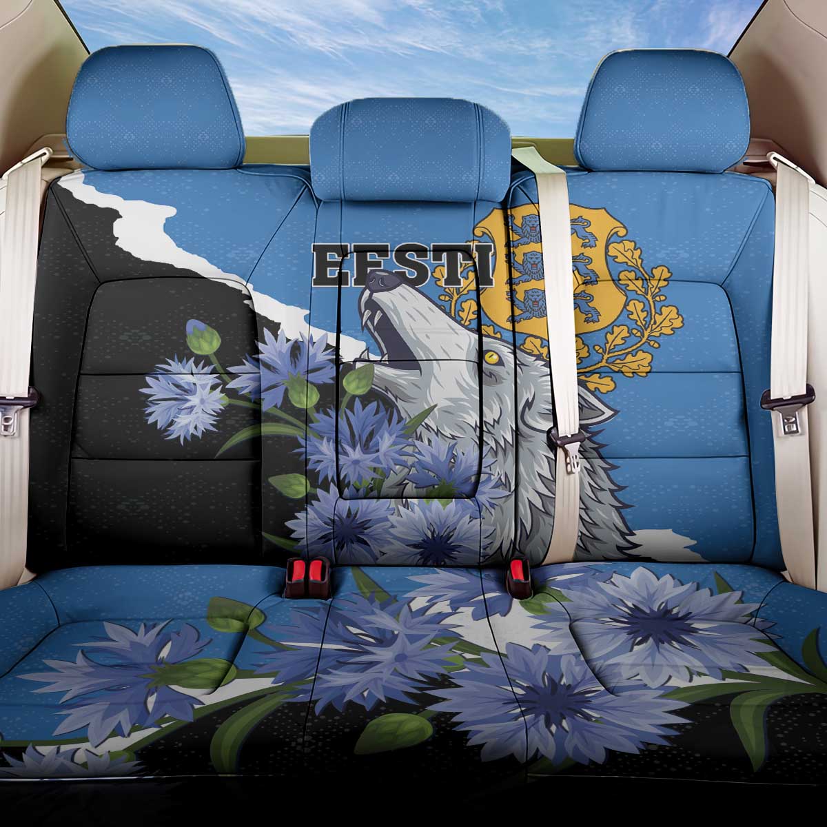 Estonia Back Car Seat Cover Grey Wolf Cyanus Flowers