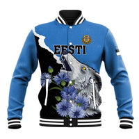 Blue baseball jacket with black accents, wolf and flower graphic, striped collar