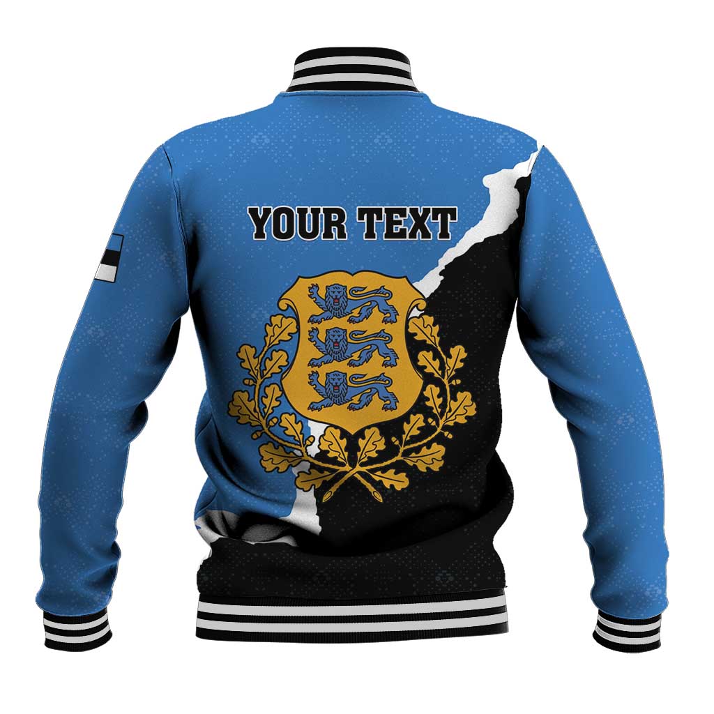 Blue baseball jacket back with YOUR TEXT, crest and wolf graphic, striped hem