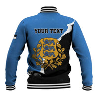 Blue baseball jacket back with YOUR TEXT, crest and wolf graphic, striped hem