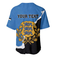Blue baseball jersey back with 'YOUR TEXT' and coat of arms crest