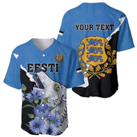 Blue baseball jersey shown front and back: wolf graphic, 'YOUR TEXT' crest