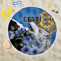 Round 150 cm beach blanket, blue with fringed edge, wolf and blue flower print