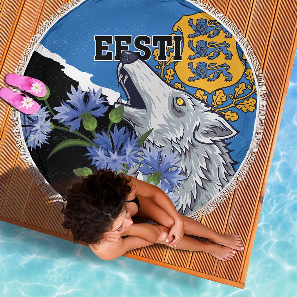 Round 150 cm beach blanket, blue fringed edge with wolf and floral artwork