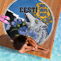 Round 150 cm beach blanket, blue fringed edge with wolf and floral artwork