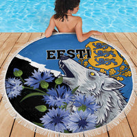 Round 150 cm beach blanket, blue fringed border with wolf face and blue flowers