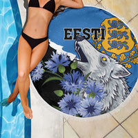 Round 150 cm beach blanket close-up, blue fringed edge with wolf and flowers