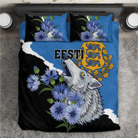 Blue and black bedding set with wolf, blue flowers, and decorative crest design