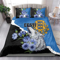 Blue and black duvet and two matching pillowcases with wolf, flowers, and crest