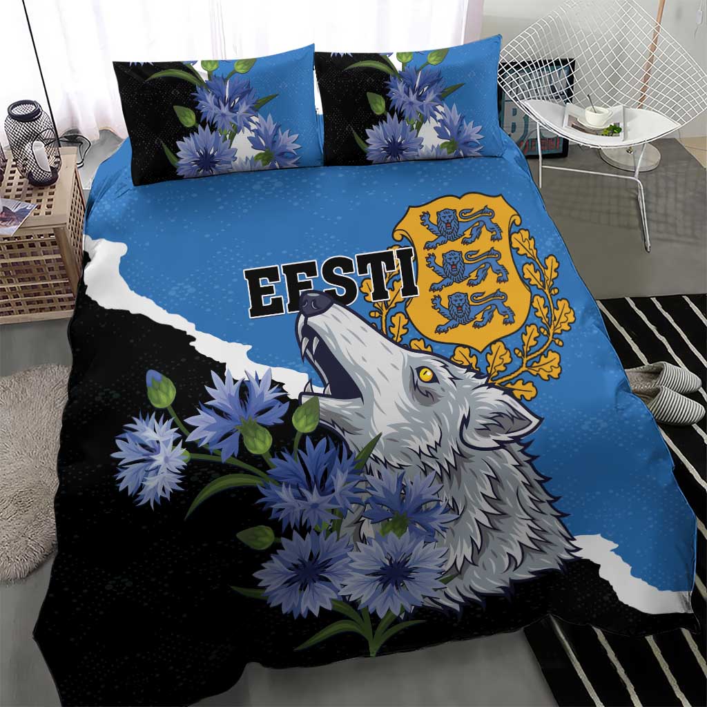 Blue and black bedding set with wolf portrait, blue floral pattern, and crest