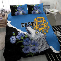 Blue and black bedding set with wolf portrait, blue floral pattern, and crest