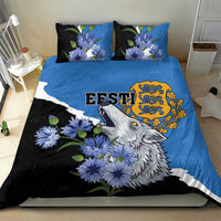 Blue and black comforter with wolf and blue flowers, with two square pillowcases