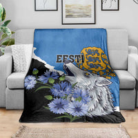 Blue and black wolf and blue flower print throw blanket with Esti crest-style emblem