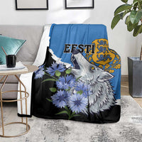 Blue and black wolf blanket with Esti lettering and blue flower bouquet motif