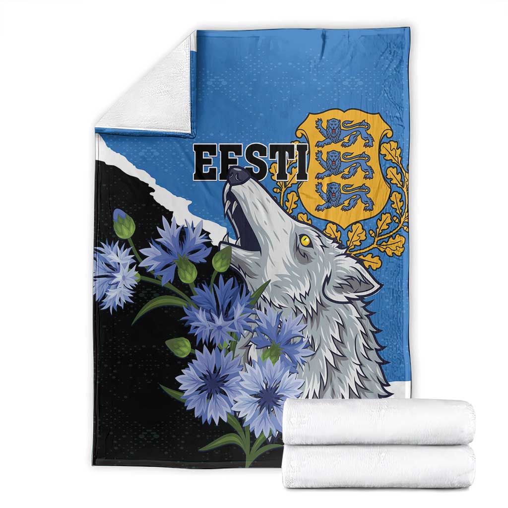 Blue and black wolf print blanket with Esti text, sold with rolled white towels