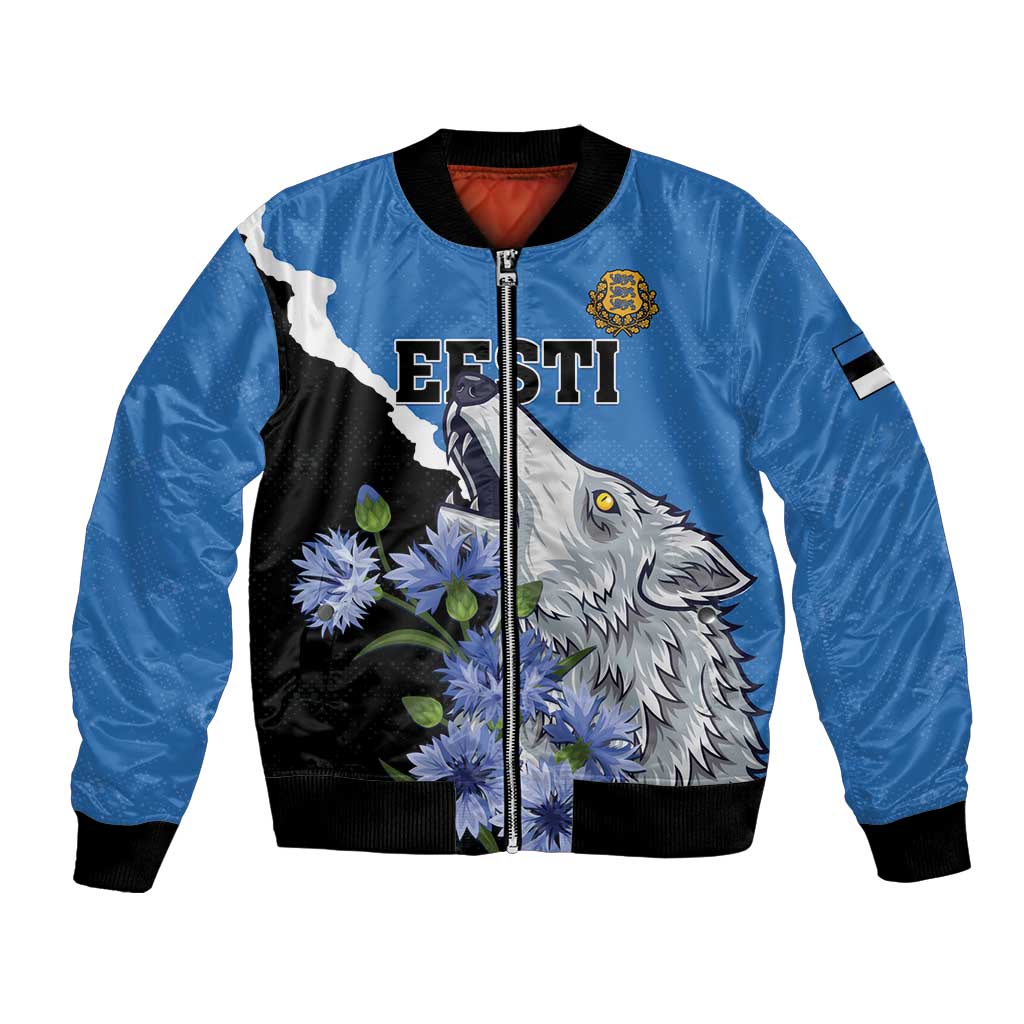 Blue bomber jacket with black zip front, Estonia wolf and floral graphic, ribbed cuffs