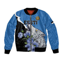 Blue bomber jacket with black zip front, Estonia wolf and floral graphic, ribbed cuffs