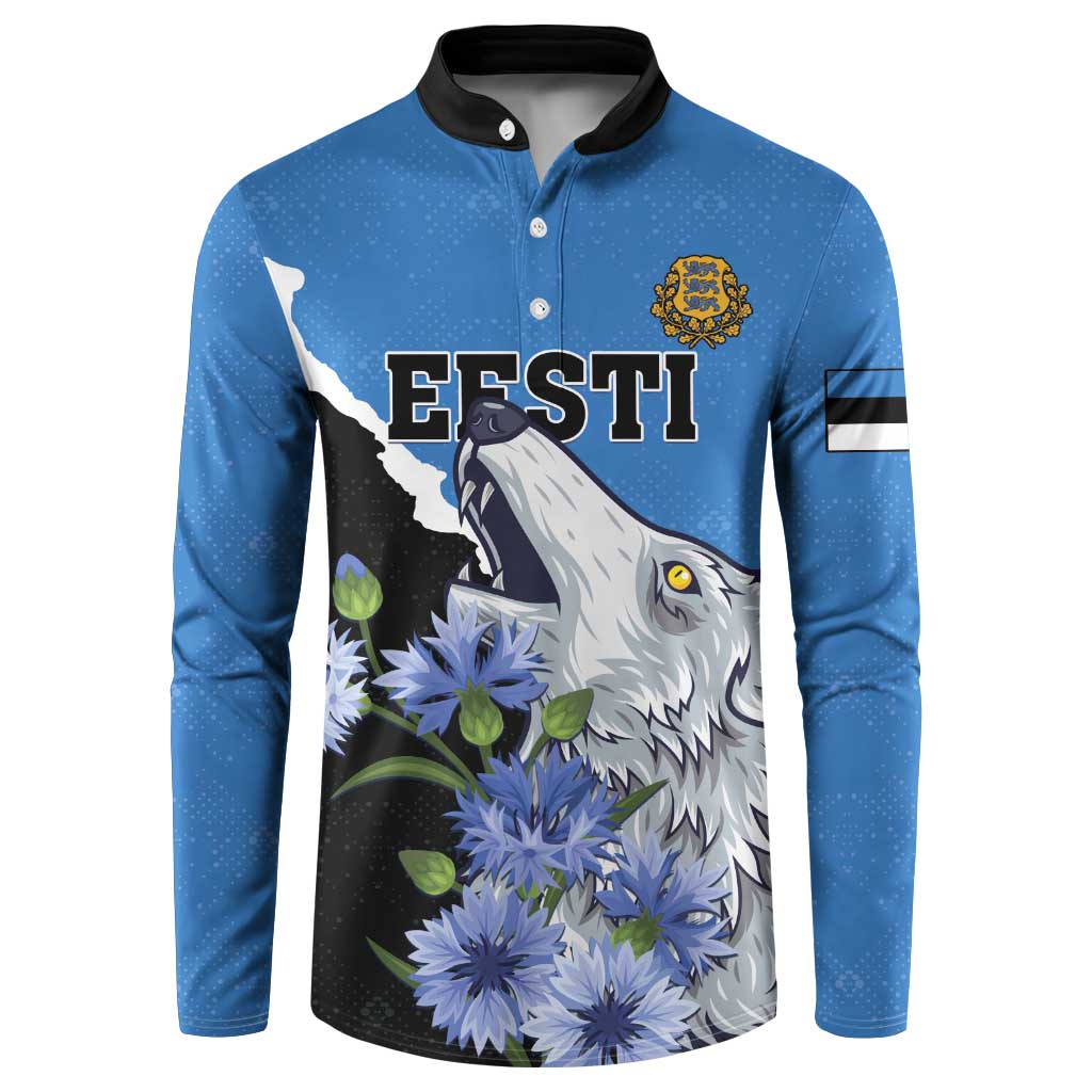 Blue button sweatshirt with wolf, blue flowers, and crest; black collar and placket.