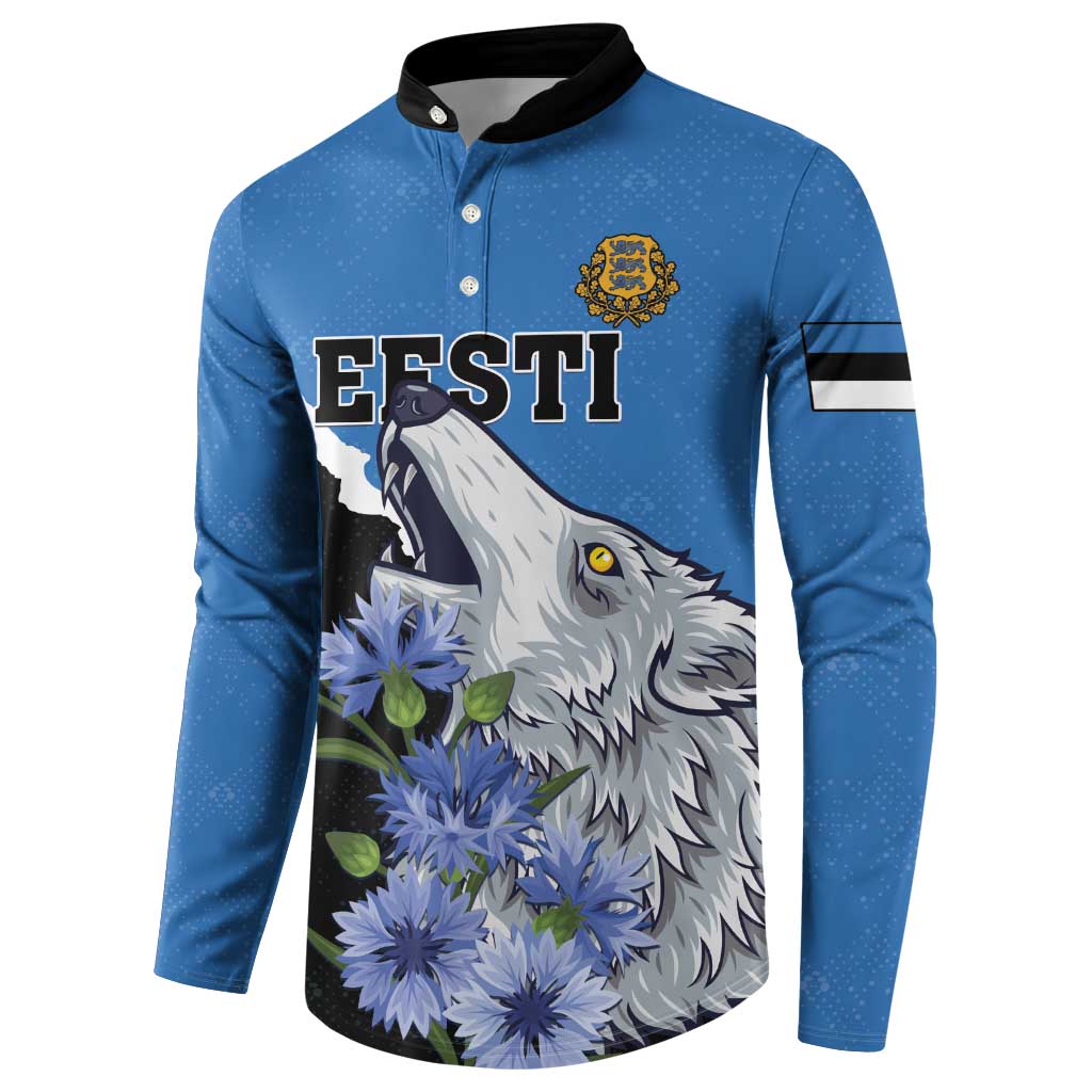 Blue button sweatshirt with 'ESTI' lettering, wolf and blue flowers; black collar.