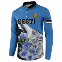 Blue button sweatshirt with 'ESTI' lettering, wolf and blue flowers; black collar.