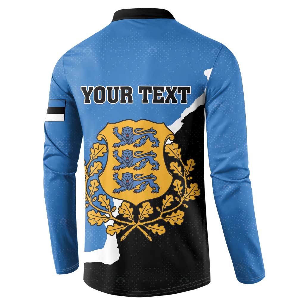 Blue button sweatshirt back with 'YOUR TEXT' and Estonia crest over wolf scene.