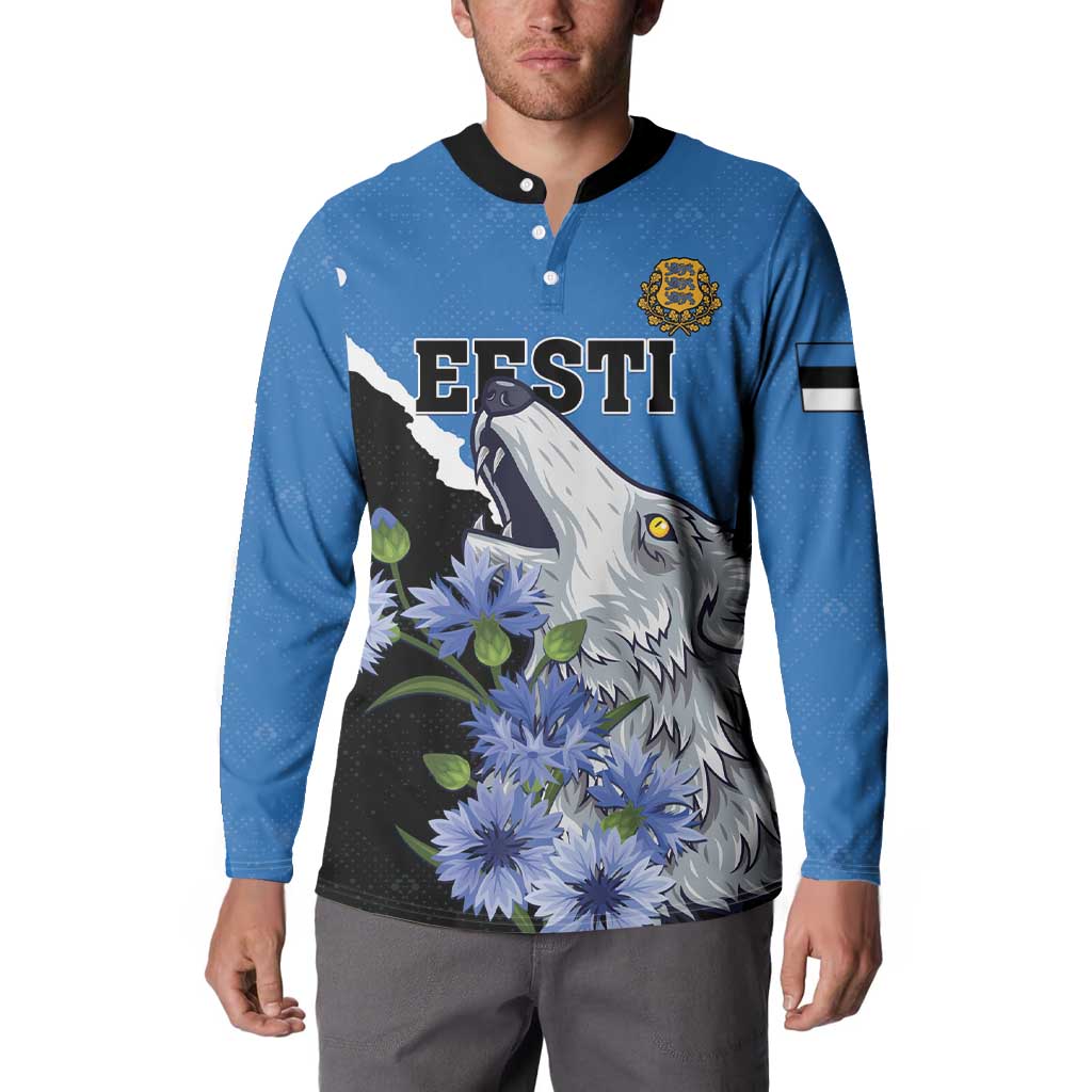 Blue button sweatshirt front with 'ESTI' text, wolf portrait, and blue flowers.