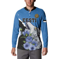 Blue button sweatshirt front with 'ESTI' text, wolf portrait, and blue flowers.