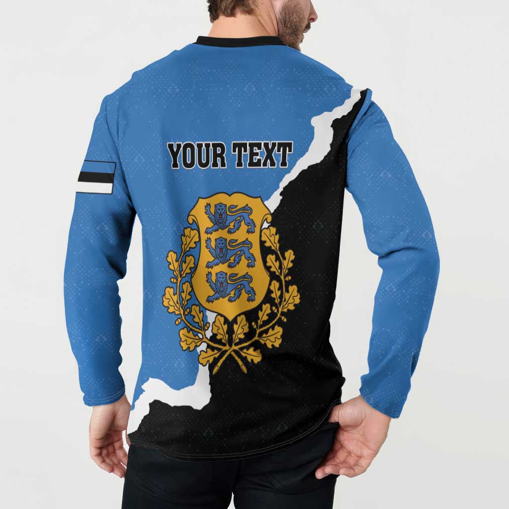 Blue button sweatshirt back with 'YOUR TEXT', Estonia coat of arms, wolf illustration.