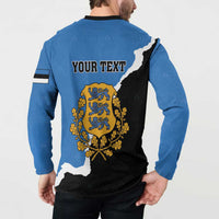 Blue button sweatshirt back with 'YOUR TEXT', Estonia coat of arms, wolf illustration.