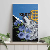 Grey wolf canvas wall art with blue flowers and Estonia text on a wall.