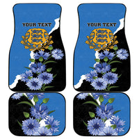 Car floor mats set of 4, blue centers with black edges, blue flowers and gold crest