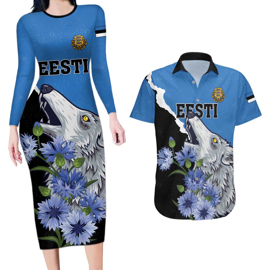 Personalised Estonia Couples Matching Long Sleeve Bodycon Dress and Hawaiian Shirt Grey Wolf Cyanus Flowers - Wonder Print Shop