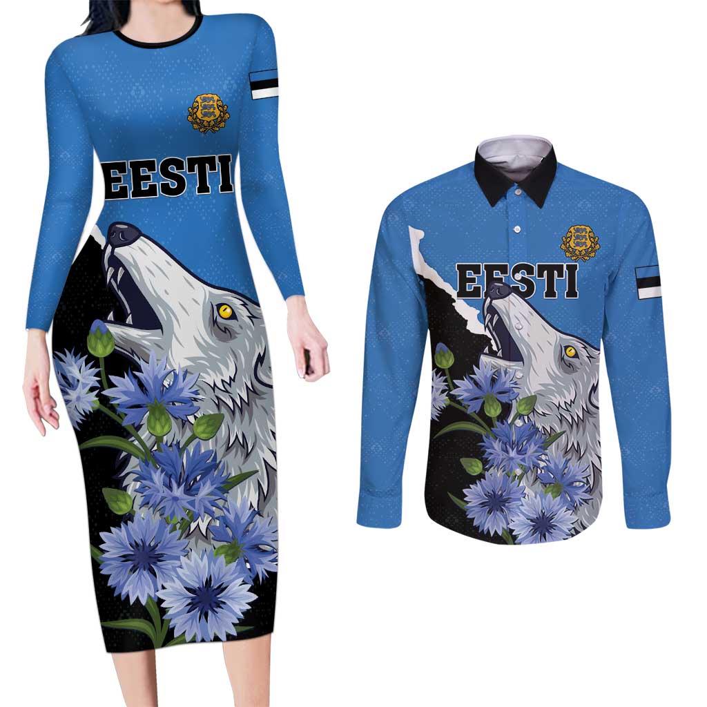 Personalised Estonia Couples Matching Long Sleeve Bodycon Dress and Long Sleeve Button Shirt Grey Wolf Cyanus Flowers - Wonder Print Shop