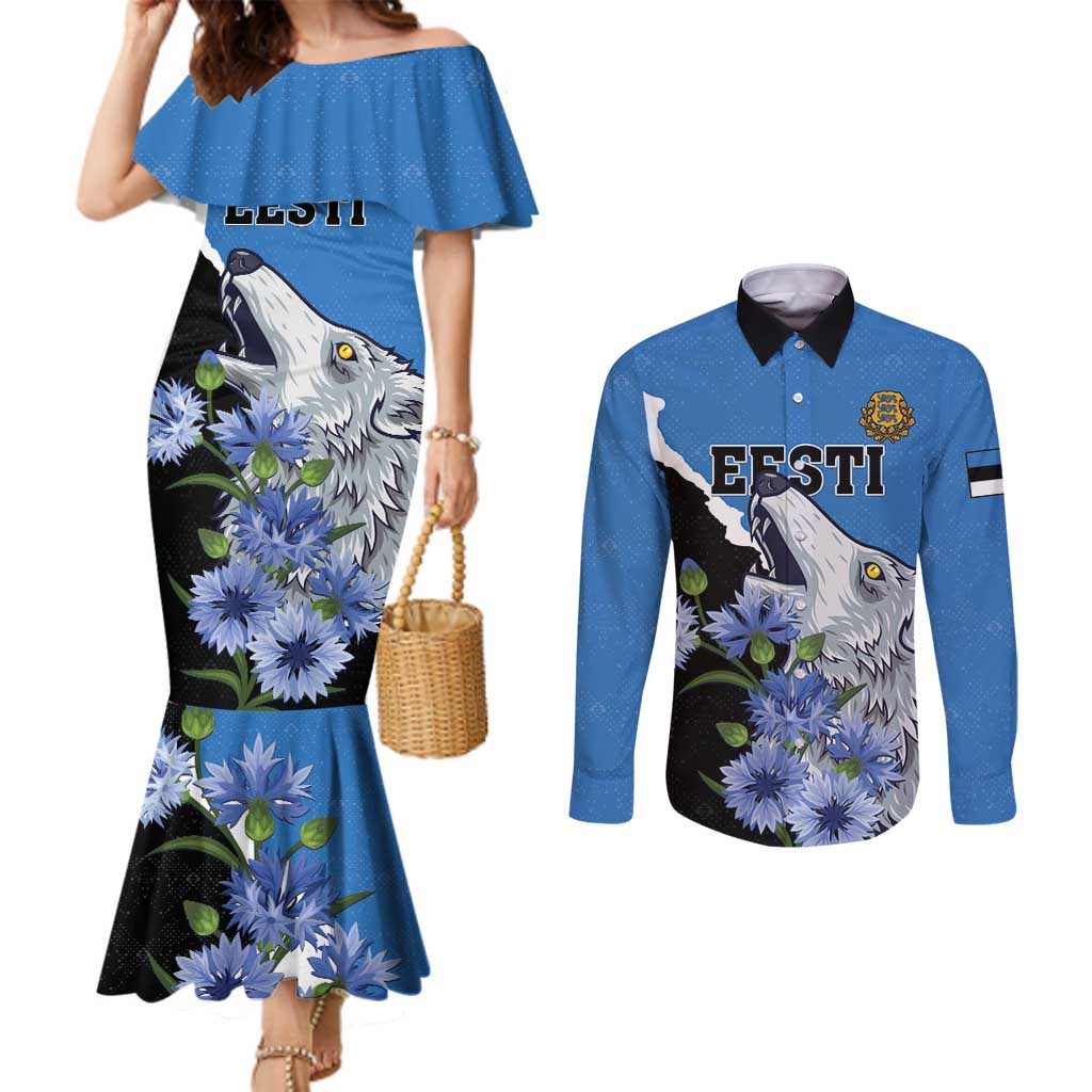 Personalised Estonia Couples Matching Mermaid Dress and Long Sleeve Button Shirt Grey Wolf Cyanus Flowers