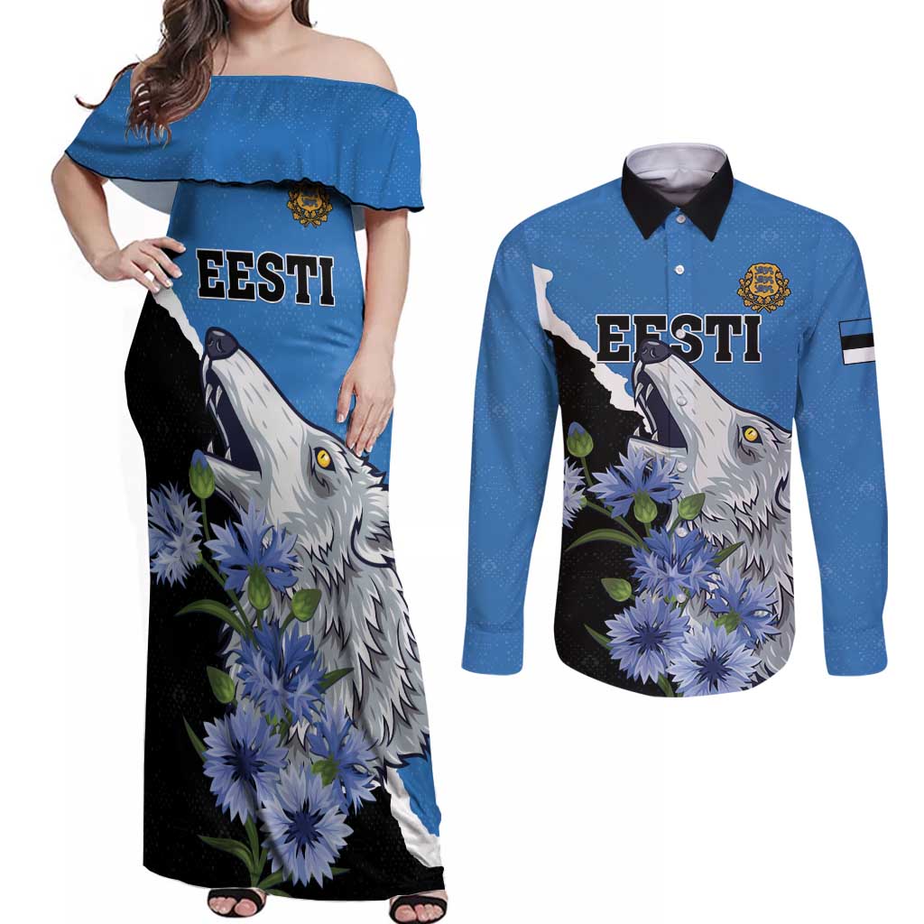 Personalised Estonia Couples Matching Off Shoulder Maxi Dress and Long Sleeve Button Shirt Grey Wolf Cyanus Flowers - Wonder Print Shop