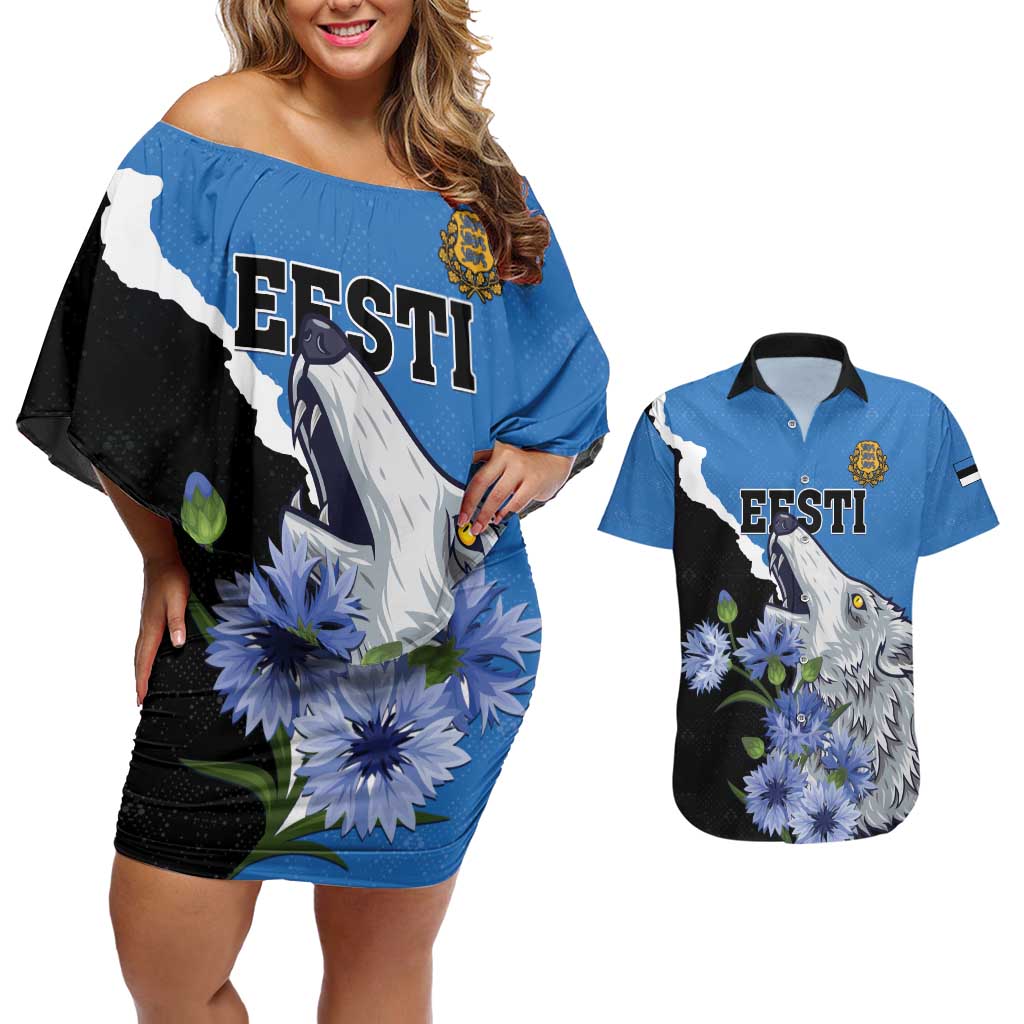 Personalised Estonia Couples Matching Off Shoulder Short Dress and Hawaiian Shirt Grey Wolf Cyanus Flowers - Wonder Print Shop