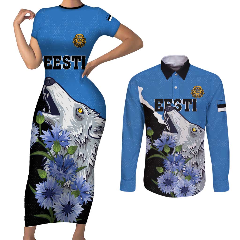 Personalised Estonia Couples Matching Short Sleeve Bodycon Dress and Long Sleeve Button Shirt Grey Wolf Cyanus Flowers - Wonder Print Shop