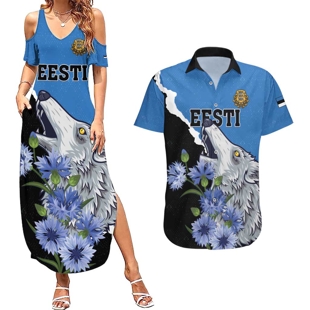 Personalised Estonia Couples Matching Summer Maxi Dress and Hawaiian Shirt Grey Wolf Cyanus Flowers - Wonder Print Shop