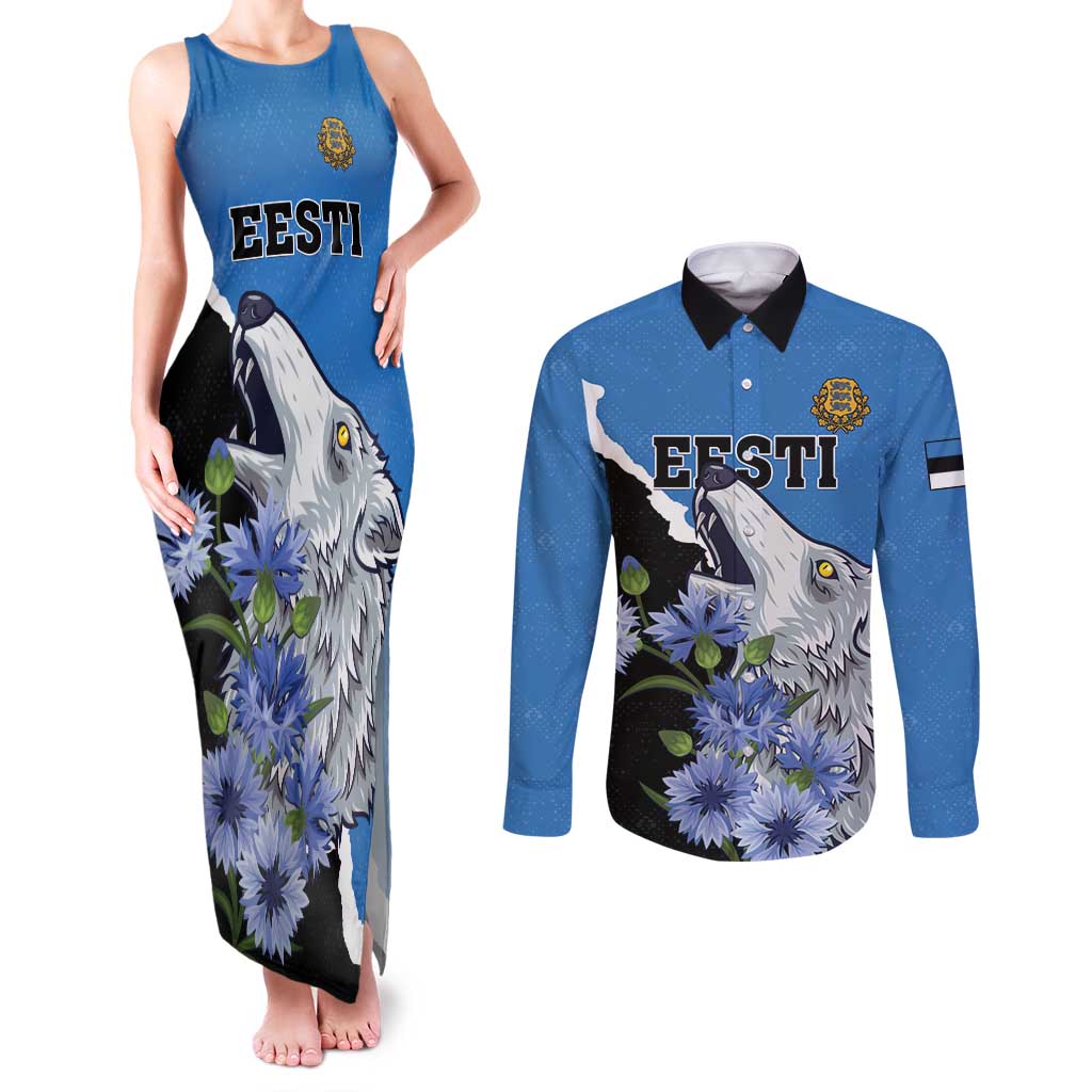 Personalised Estonia Couples Matching Tank Maxi Dress and Long Sleeve Button Shirt Grey Wolf Cyanus Flowers - Wonder Print Shop